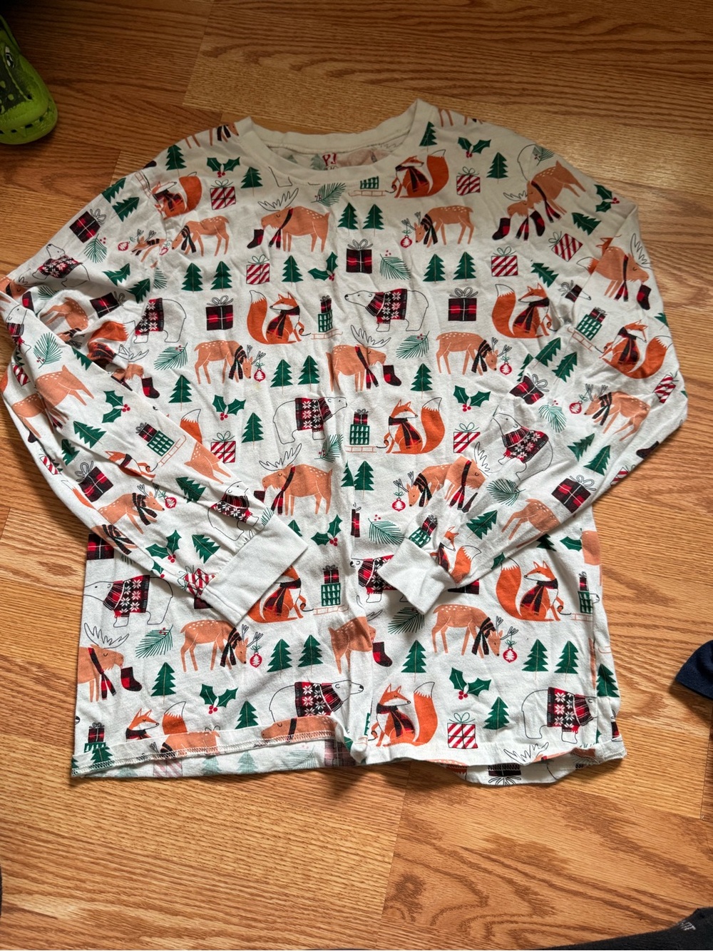 Cozy Holiday Fox & Reindeer Print Long Sleeve Top - White/Green/Orange
